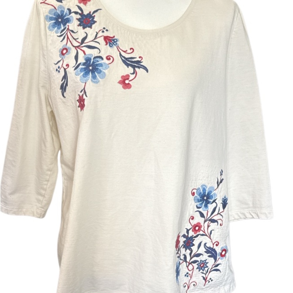 White and Blue Embellished 3/4 Sleeve Blouse